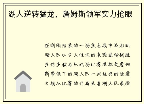湖人逆转猛龙，詹姆斯领军实力抢眼
